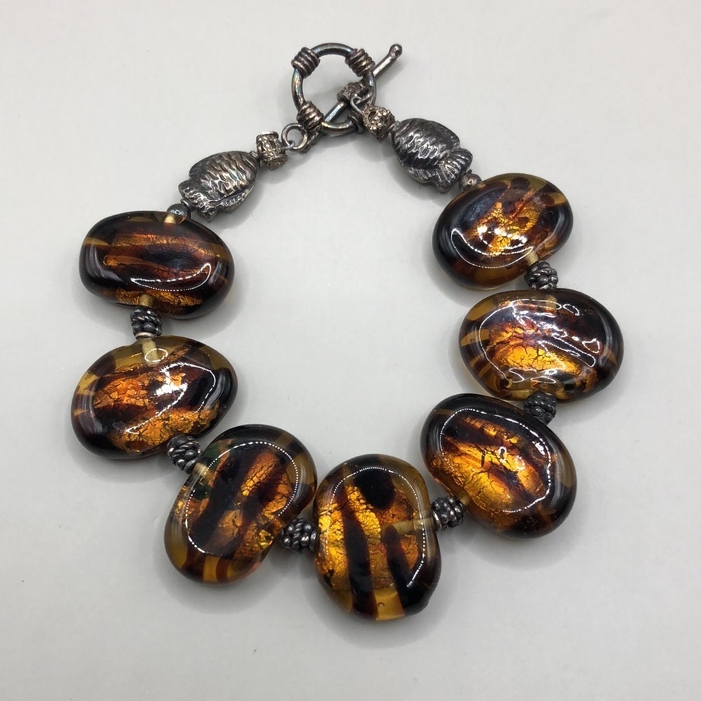 Sterling silver 925 amber color art glass statement style bracelet- artisan
